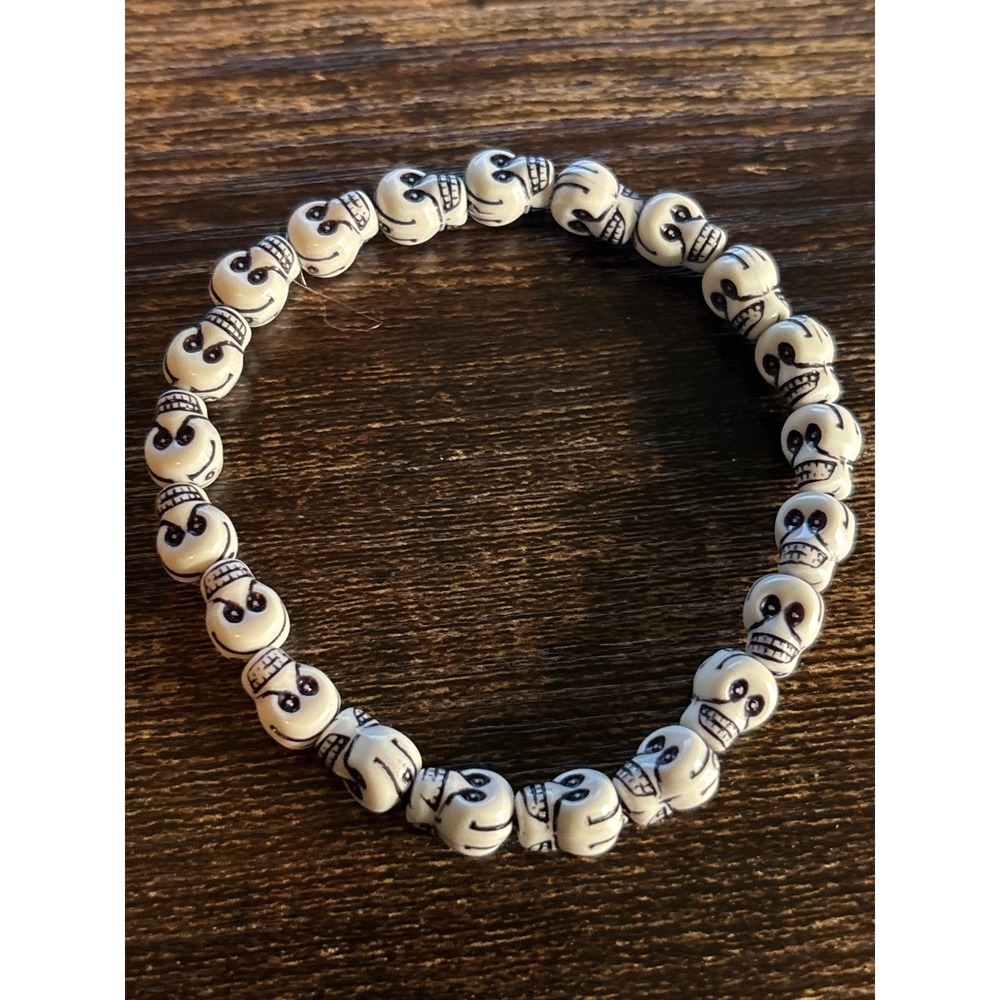 White Skull Beaded Stretch Bracelet Gothic Punk Halloween Accessory